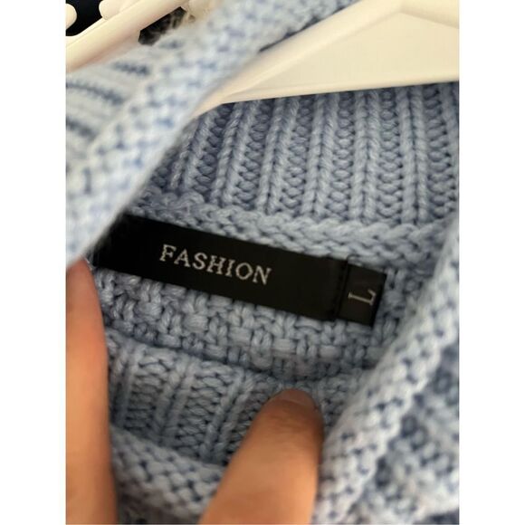 Fashion brands roll neck blue white and gray striped sweater L - Picture 2 of 4